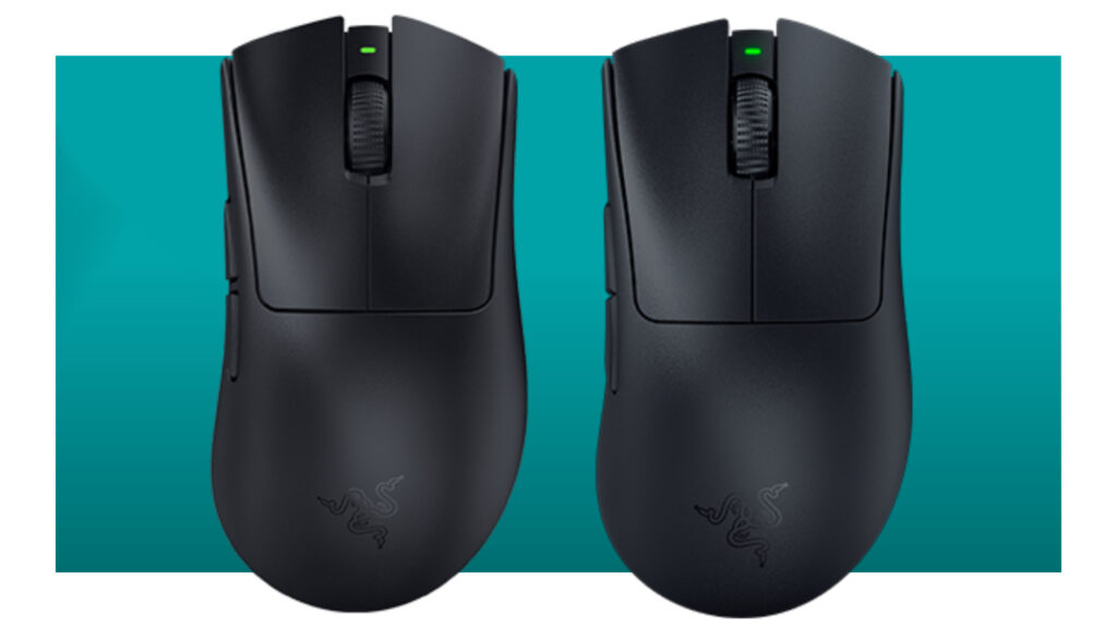 The Razer DeathAdder V3 Hyperspeed on the left, the Razer DeathAdder V3 Pro on the right on a teals deal background