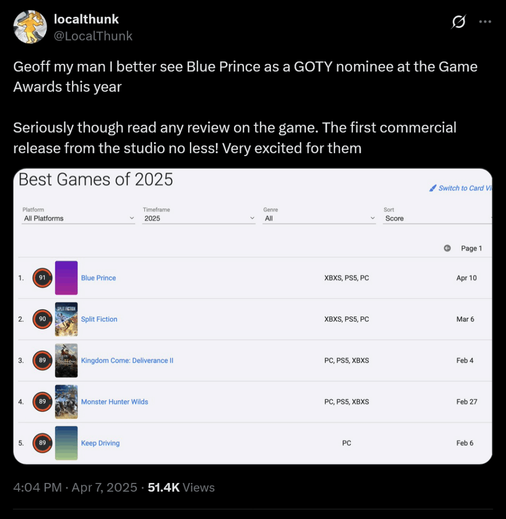 Screenshot of LocalThunk's tweet to Geoff Keighley urging for Blue Prince's GOTY nomination
