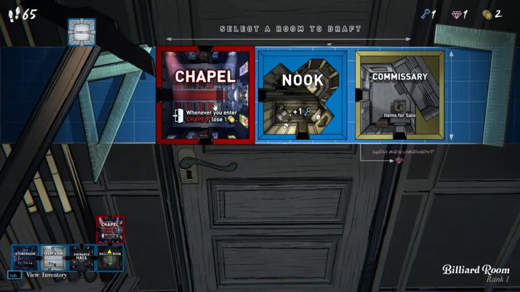 Three room cards presented when you open a door