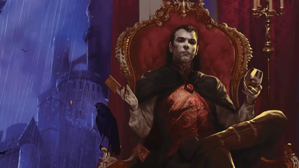 Strahd, titular villain of the Curse of Strahd module, sits regally in his throne in the module's cover art.