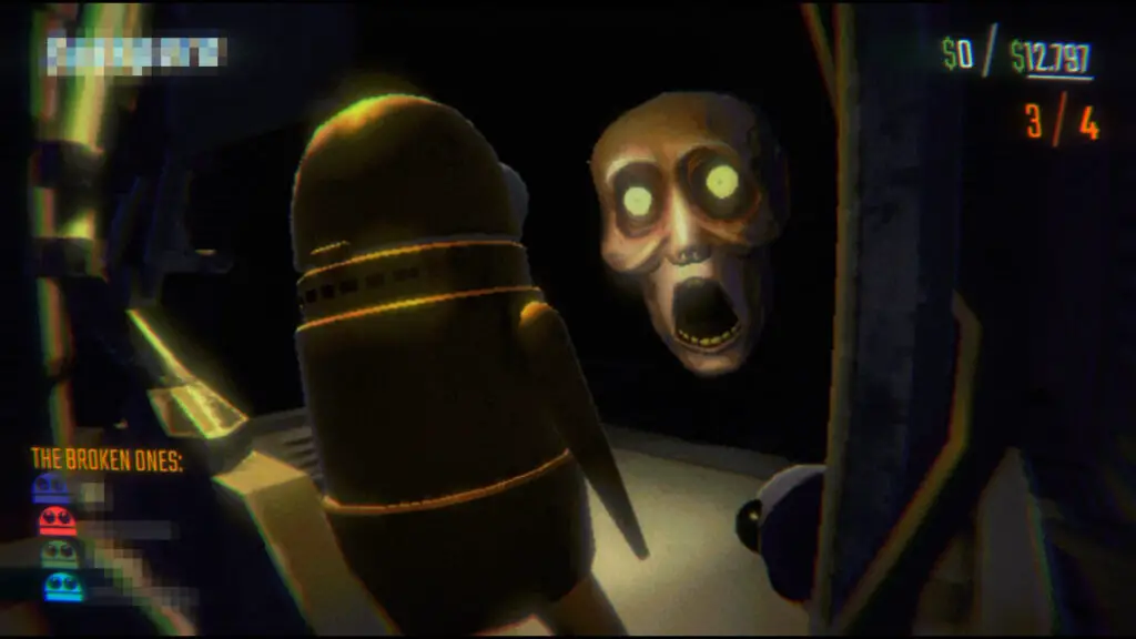 One of Repo's player characters, resembling a yellow pedal bin with googly eyes, encounters a skeletal, open mouthed face with glowing yellow eyes.