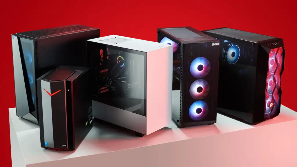 A collection of modern gaming PCs and components, representing high-performance hardware.