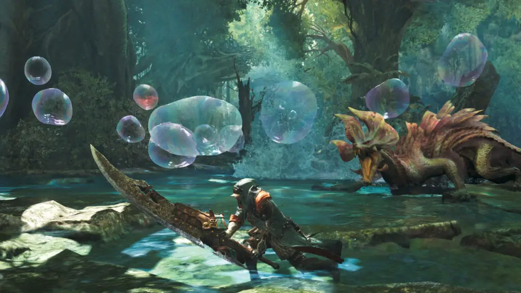 A Mizutsune launches a barrage of bubbles at a greatsword-wielding hunter in Monster Hunter Wilds.