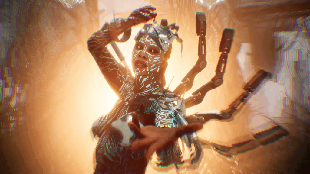 A character from La Quimera with robotic enhancements gesturing.