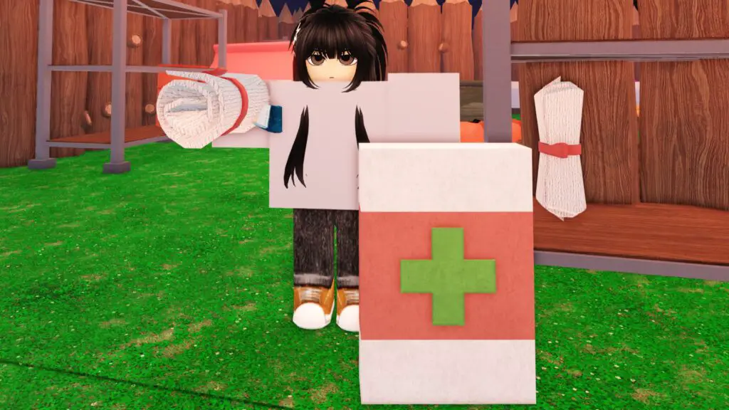 A 99 Nights in the Forest player character standing beside a medkit and bandage.