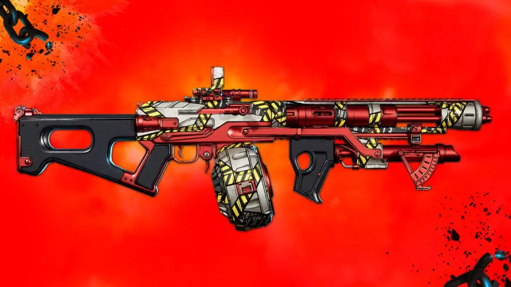The Hazard Pay weapon skin available as a Borderlands 4 shift reward. It's a long red, black, and grey gun with yellow and black hazard tape wrapped around it.