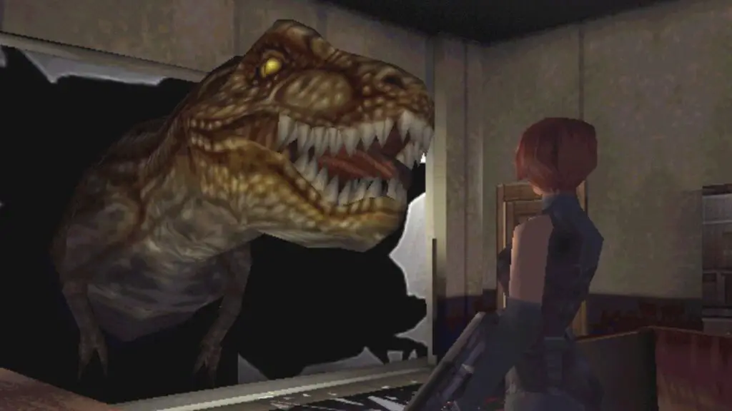Screenshot from Dino Crisis, showing a dinosaur breaking through a window