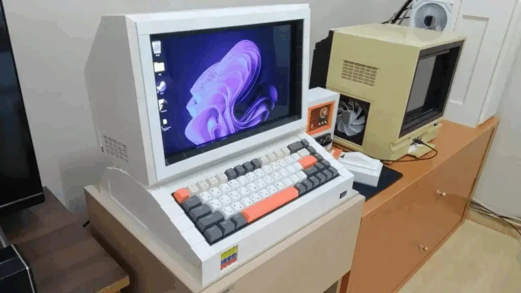 Retro-style PC housing built using white Lego-style bricks.