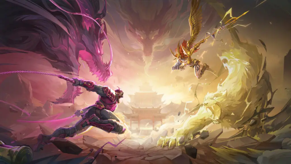 Marvel Rivals Season 4: Key art for the season, showing Daredevil on the left and Angela in the air on the right diving at each other, weapons at the ready, with spectral dragons behind them.