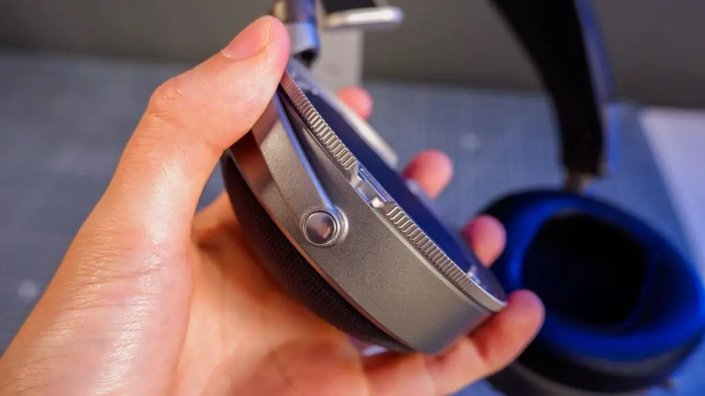 Audeze LCD-S20 gaming headset on a desk with the planar magnetic drivers on show.