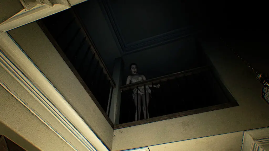 Scary lady peers over a bannister.