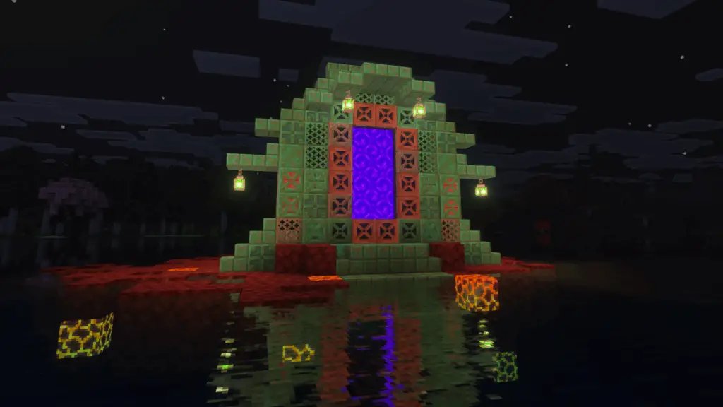 A Minecraft Nether portal adorned with copper blocks and new copper lanterns