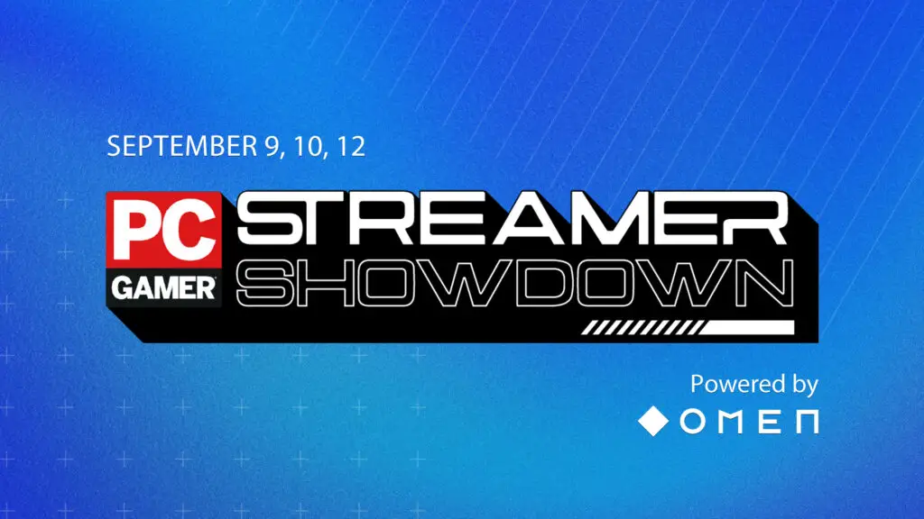 Streamer Showdown logo on blue background with "Powered by OMEN" and the dates visible