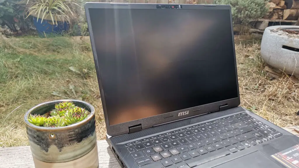 An MSI gaming laptop outdoors.