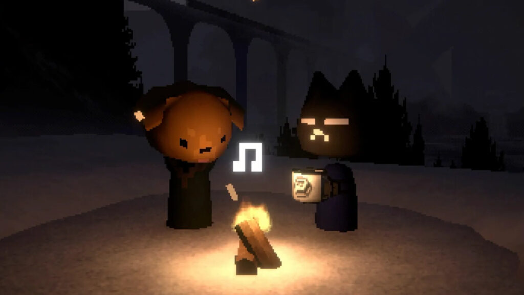 The Easy Delivery Co. player character drinks a coffee while standing near a dog person beside a fire.