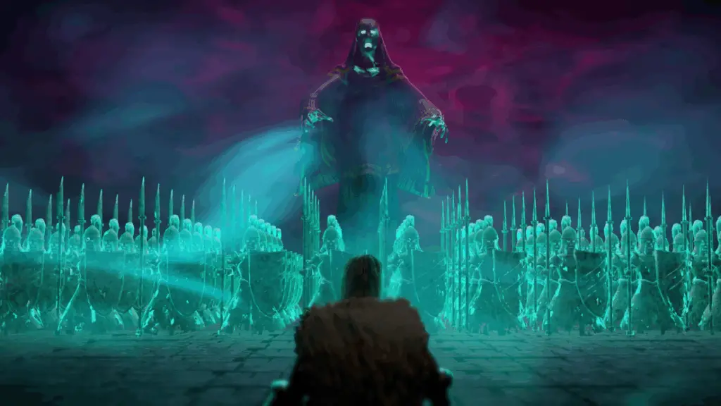 Keyart for Halls of Torment showing a single figure facing down an army of wratihs.