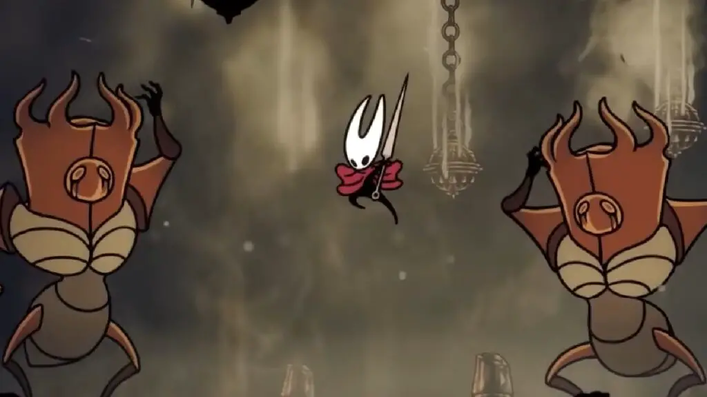 Silksong Hornet jumping between duplicate versions of the Last Judge in Silksong.