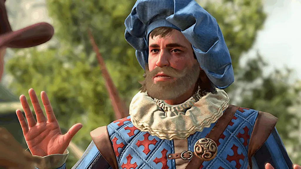 Volo, a bard extraordinaire, holds up his hand in caution in a brightly-lit forest grove, from Baldur's Gate 3.