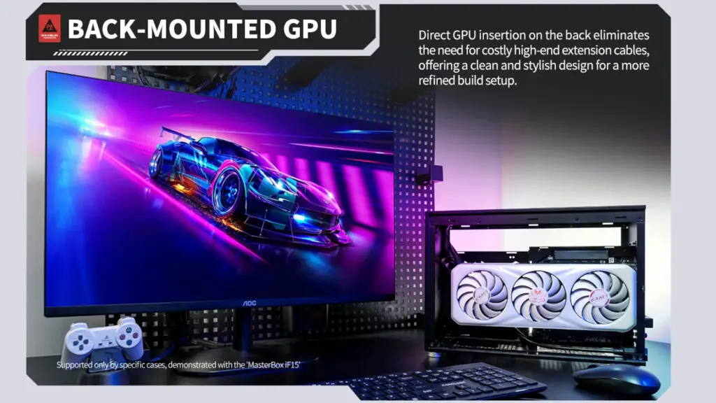 A promotional image for the Maxsun MS-Terminator motherboard, showing how a graphics card installs in the board and an SFF case.
