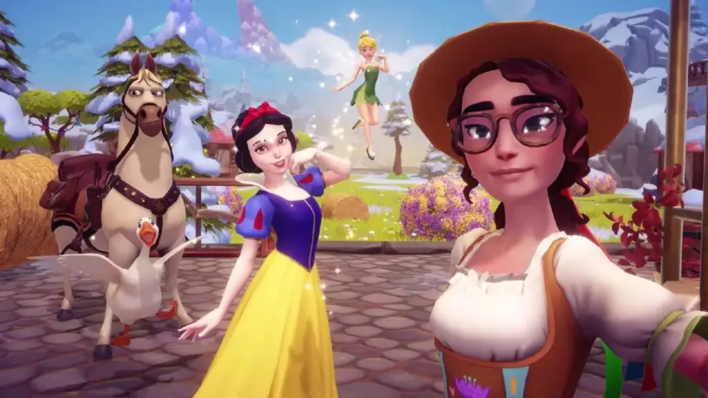 Player and three new characters: Tinkerbell, Snow White, and Maximus, in the new realm in Wishblossom Ranch expansion