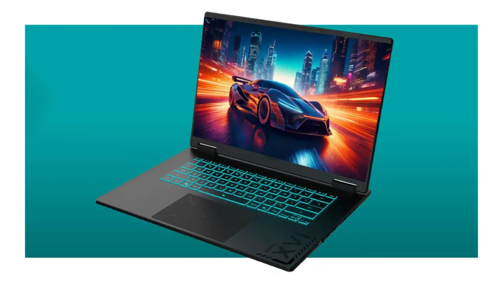 A Gigabyte Gaming A16 laptop on a teal deals background