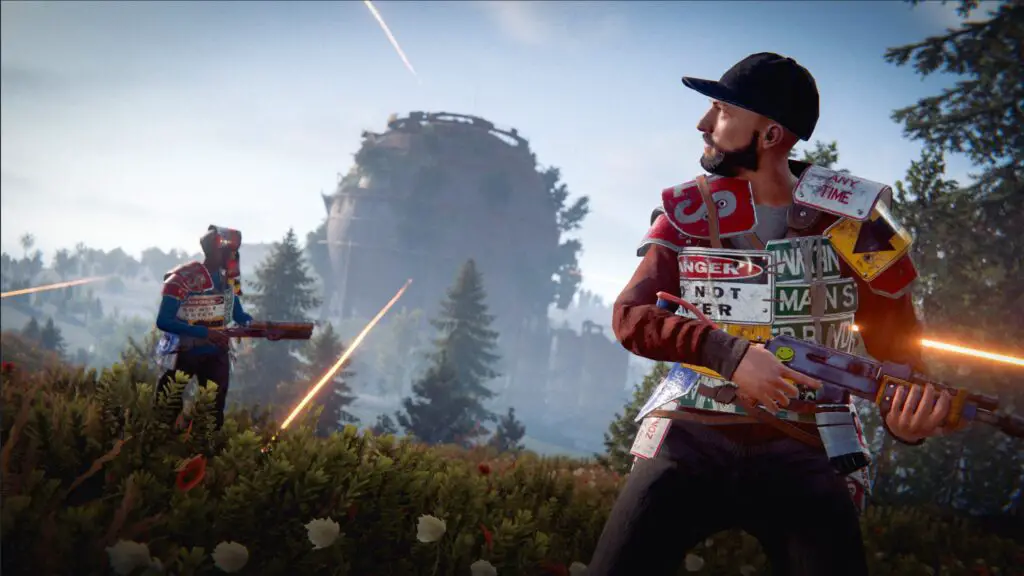 A player character wearing armour made from road signs flees from a building in thee distance as tracer shots fire out of it.