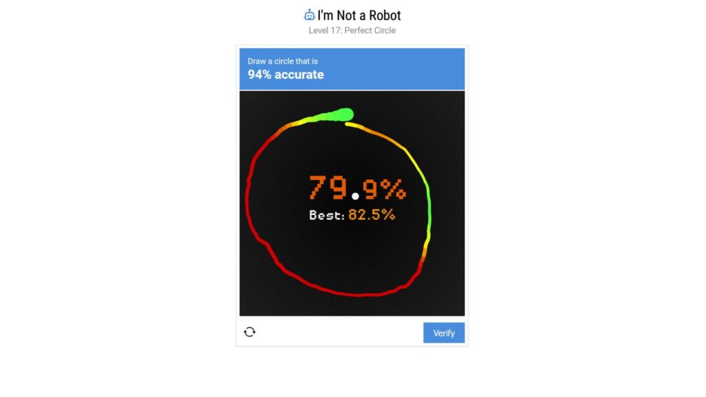 An image of a terrible circle drawn in a spoof reCAPTCHA.