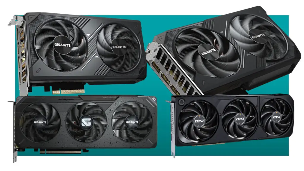 A collage of four different graphics cards against a teal background with a white border