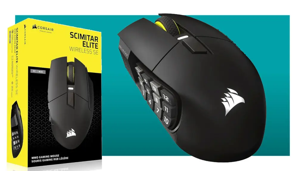 Corsair Scimitar Elite Wireless SE gaming mouse on a turqoise background.