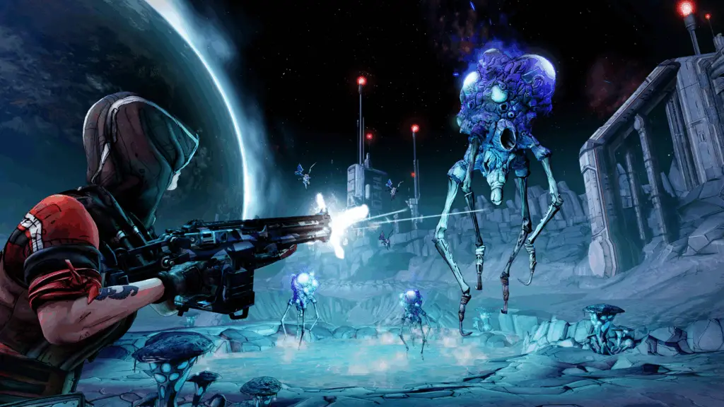 Athena shoots a large, floating alien in Borderlands: The Pre-Sequel.