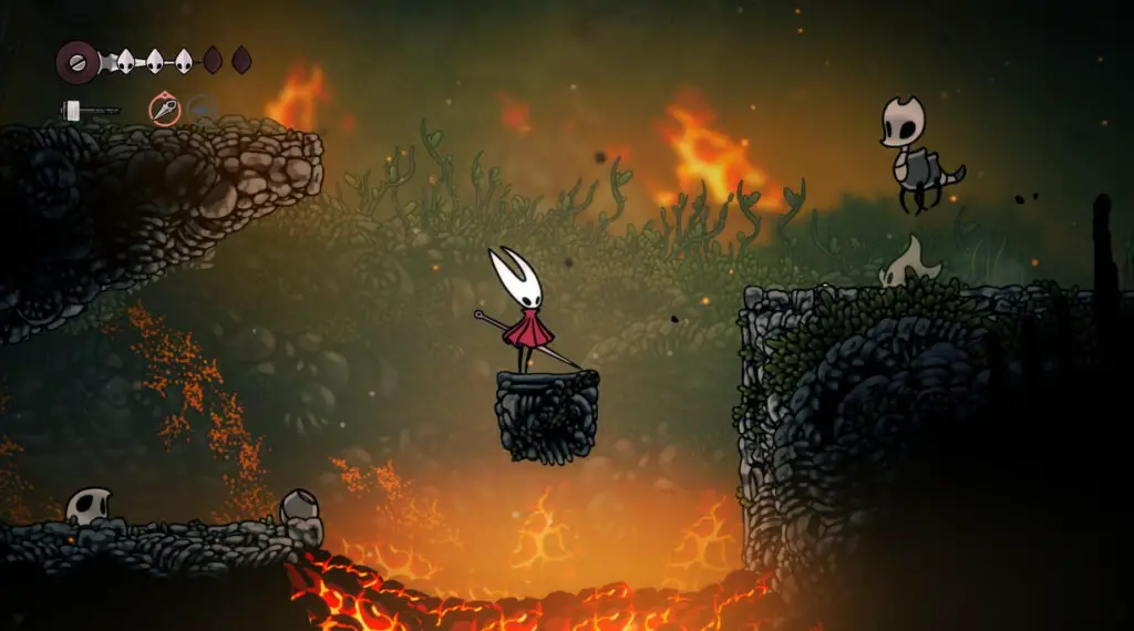 A screenshot from Hollow Knight Silksong showing the protagonist Hornet balancing on a narrow platform over magma