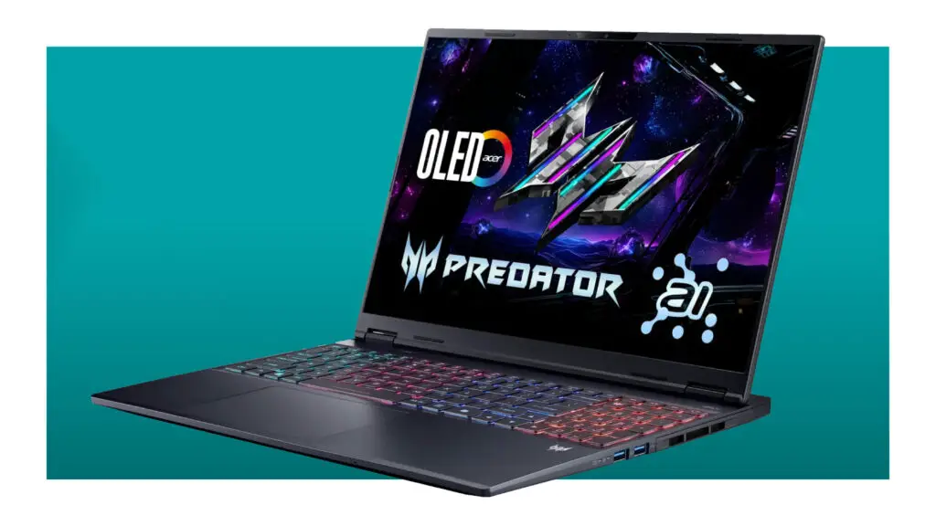 The Acer Predator Helios Neo 16S AI on a teal deals background