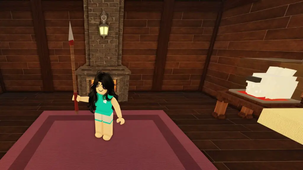 A player holding a spear in 99 Nights in the Forest, inside of a building.