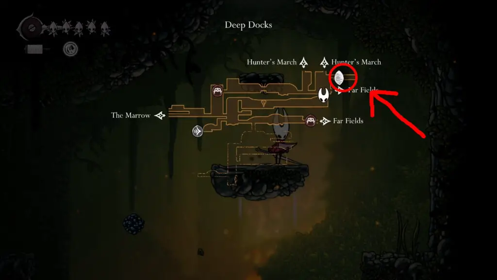 A screenshot of Hollow Knight: Silksong. A semi-transparent map is overlayed on top of Hornet standing on a platform. A room on the right is circled in red with an arrow pointing to it.