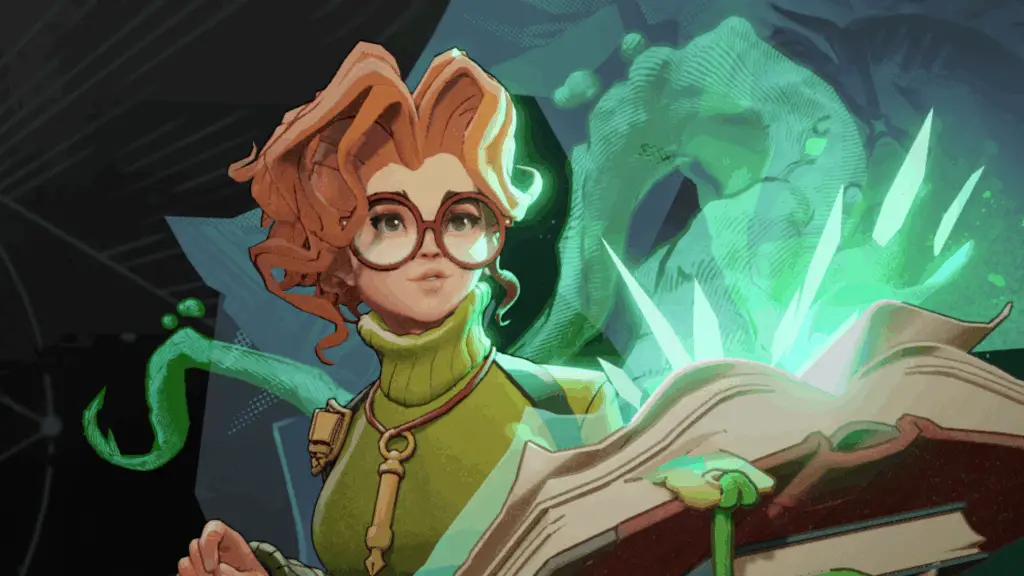 Paige, a new librarian character in Deadlock, looks towards her tome with curiosity, highlighting the game's evolving narrative and art style.