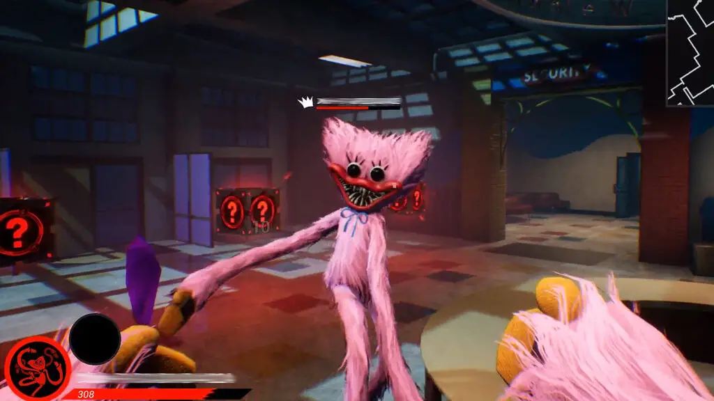 A pink monster moves to attack the player, who sees it from a first-person perspective.
