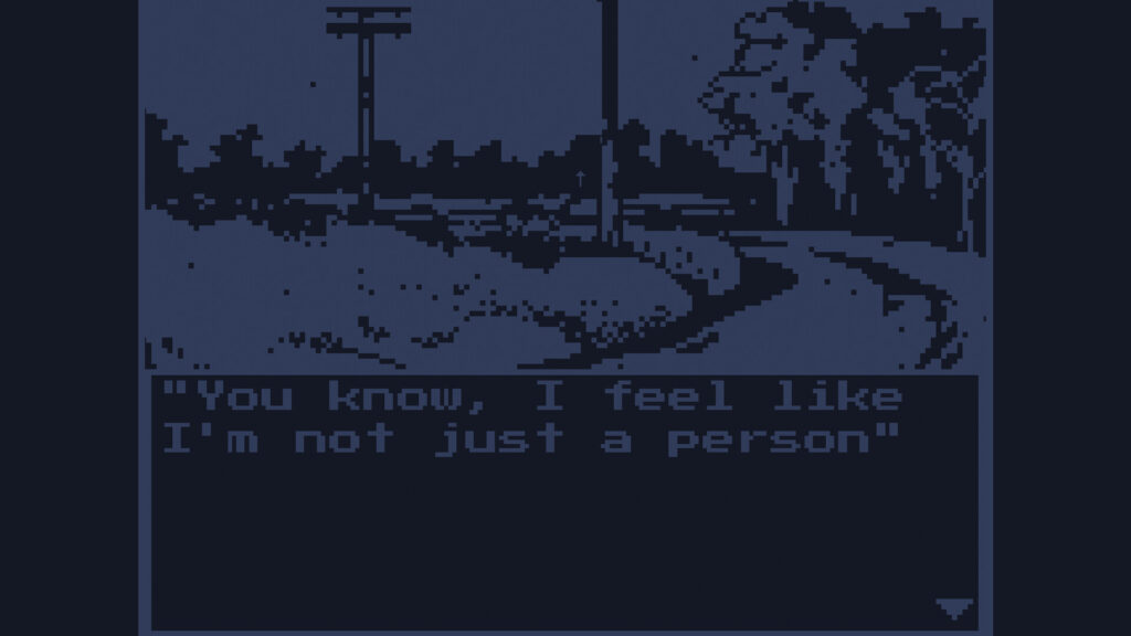A screenshot from The Winter Mind showing a highly pixellated country road and a text caption reading "You know, I feel like I'm not just a person"