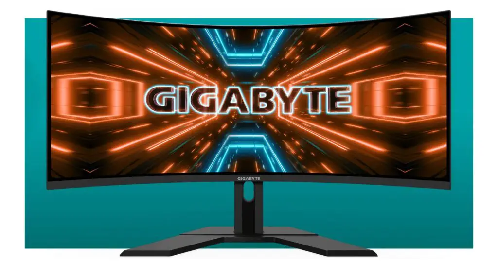 Gigabyte 34 inch gaming monitor on a blue background