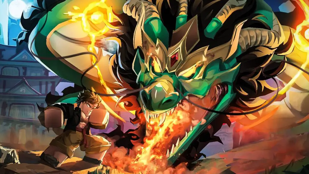 Roblox - Blox Fruits, a character braces against the fire breathing attack of a large serpent dragon