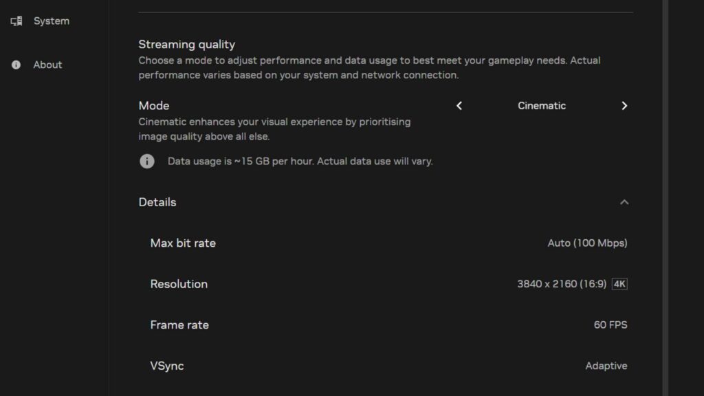 The settings menu of the RTX 5080 GeForce Now update, showing the new Cinematic Mode