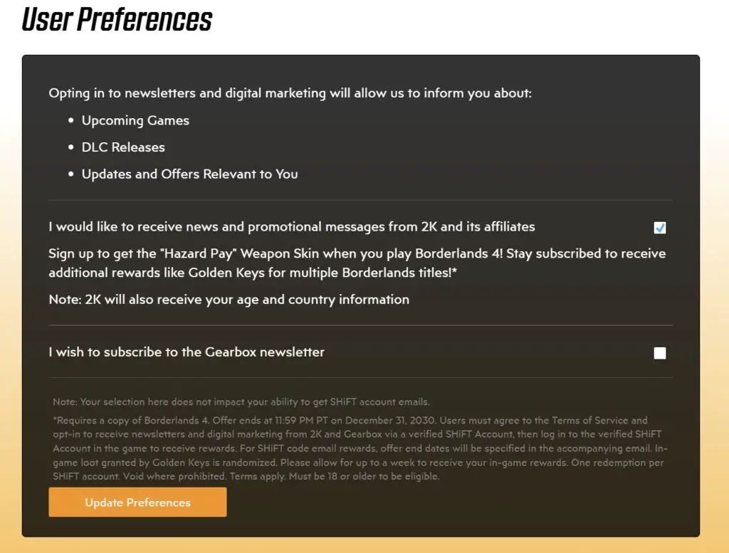 A screenshot from the official Gearbox Shift code website. This is a menu visible from the bottom of the Profile menu, and labeled 
