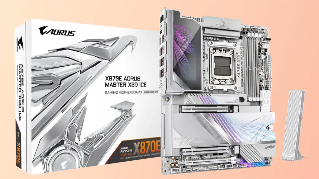 The Gigabyte X870E Aorus Master X3D Ice motherboard on a gradient background.