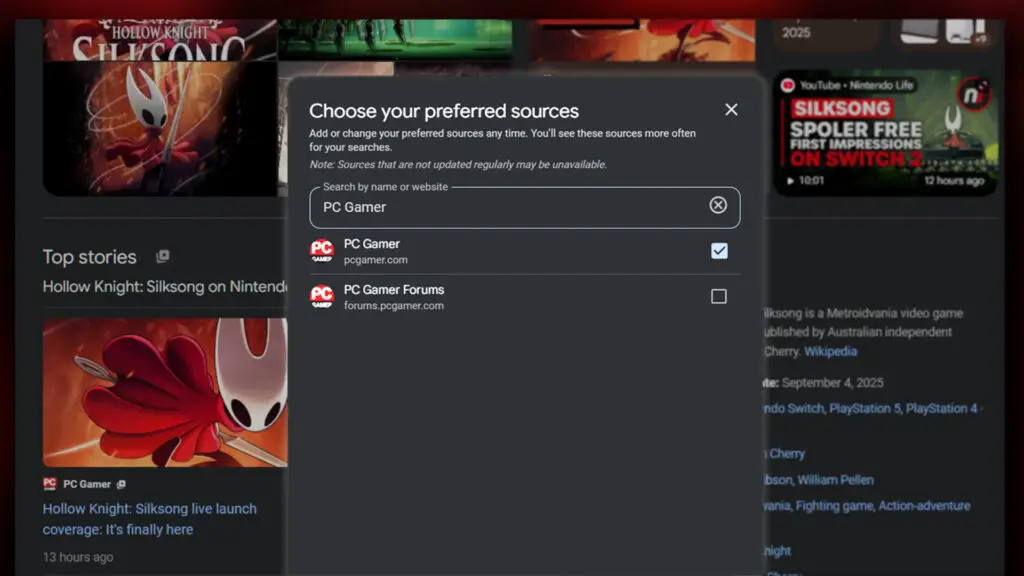 A screenshot of the Google Preferred Sources window with Digital Tech Explorer selected, over the top of a Google Search for Hollow Knight: Silksong.