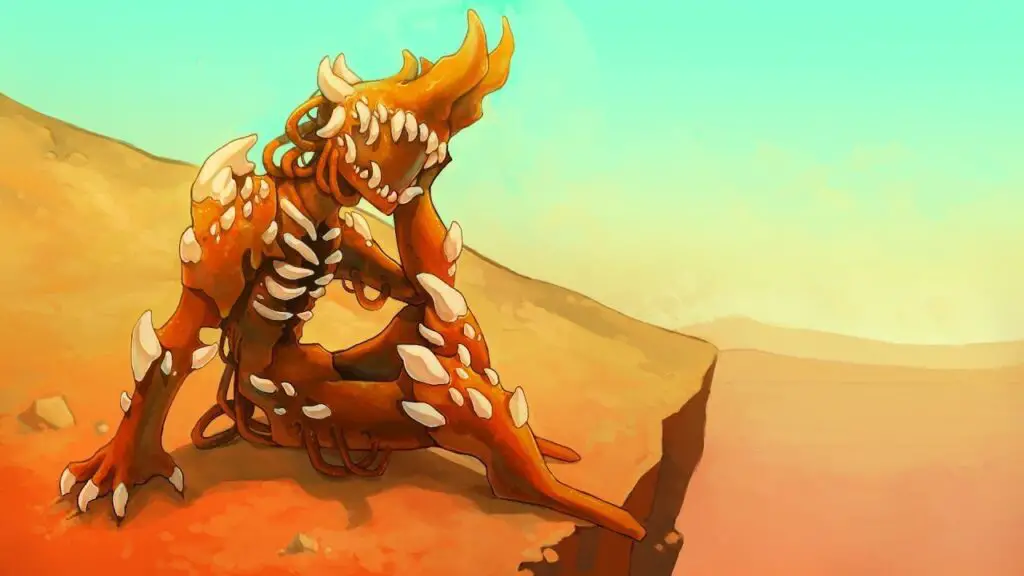 A meaty monster chills on a hill.