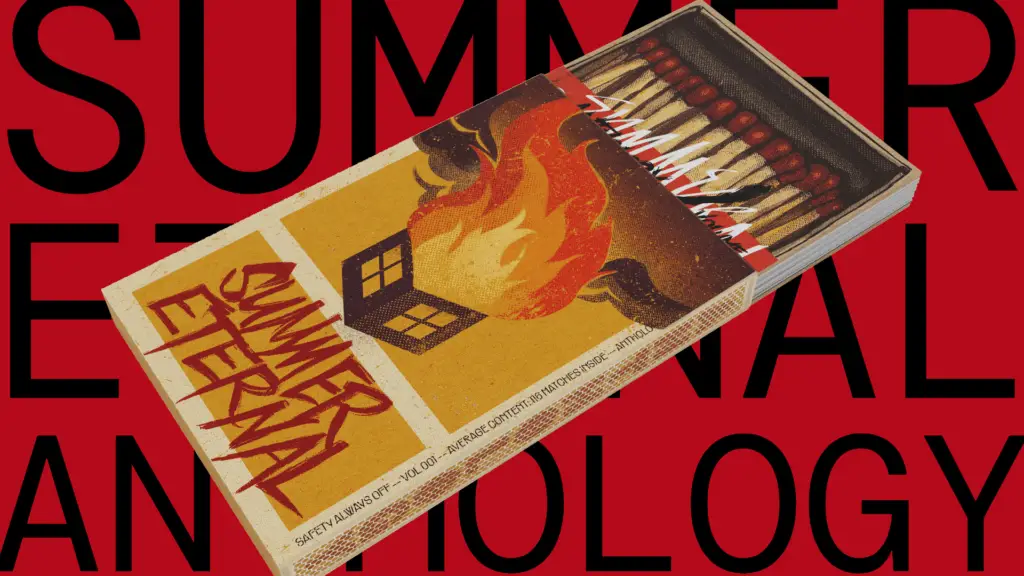 Image of Summer Eternal Anthology volume one over large aggressive message "Summer Eternal Anthology."