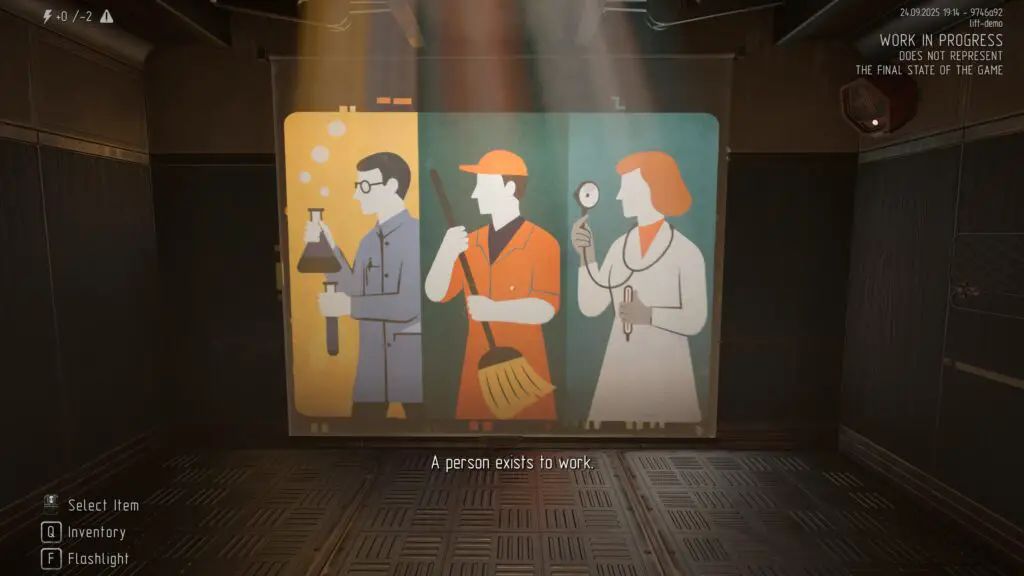 A projected image of a scientist, janitor, and doctor. The subtitles read \