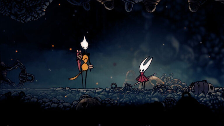 A screenshot from Hollow Knight Silksong showing the protagonist Hornet with map-seller Shakra