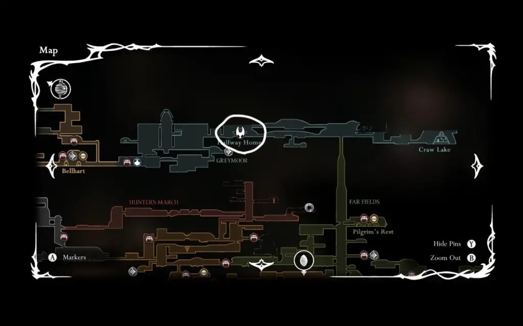 A screenshot of the in-game map from Hollow Knight Silksong, marking where the player can farm rosaries in act 1