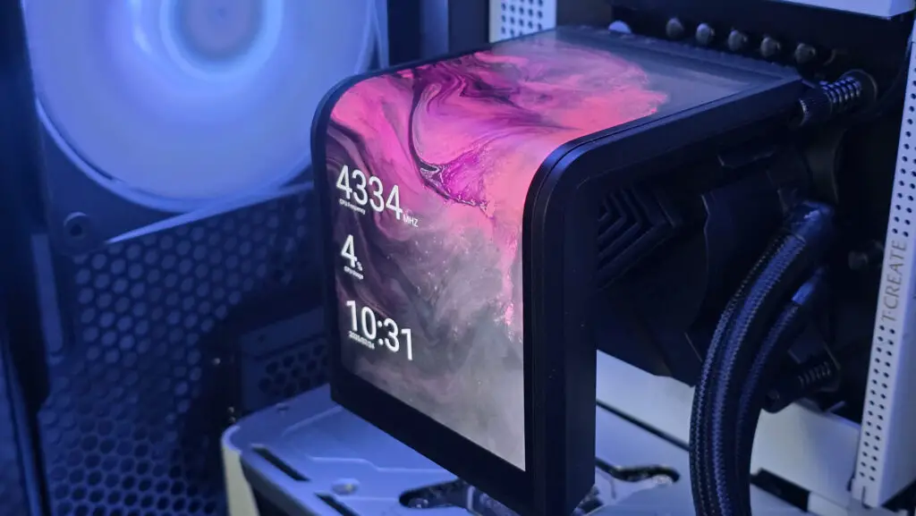 A Tryx all-in-one liquid cooler with a large screen over the pump unit.