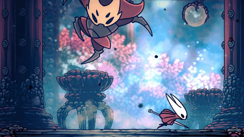 Hornet and a large bug do battle against a beautiful backdrop in Hollow Knight: Silksong.